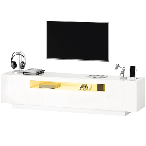 Modern High Gloss White TV Stand for 65-85 Inch TV, Entertainment Center with RGB LED Lights, MDF Media Console with Storage and Cable Management for Living Room, 70.9" W