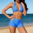 thumbnail image 5 of PWPSG Collared Halter V Neck Bikini with Cutout Detail and High Waist Boyshort Bottom Two Piece Swimsuit Blue L, 5 of 6