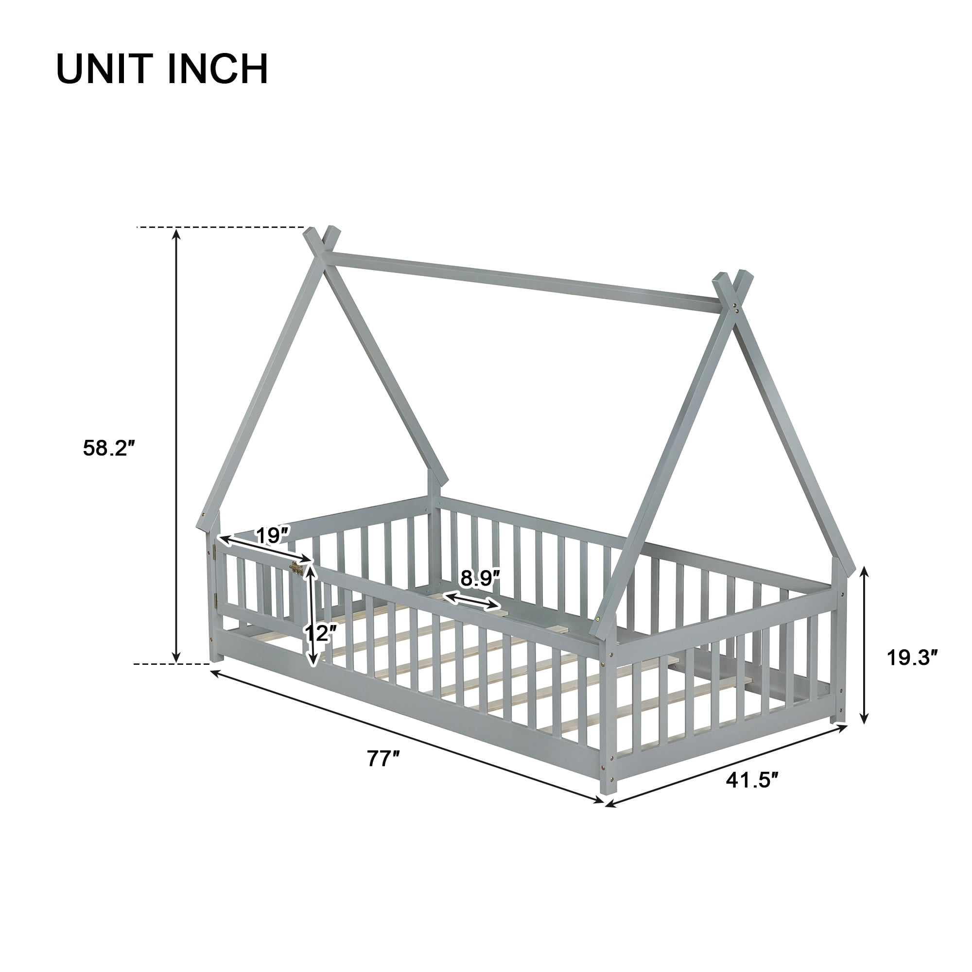 Miniyam Twin Floor Bed for Kids with House Frame, Guardrails and Lockable Door, Gray