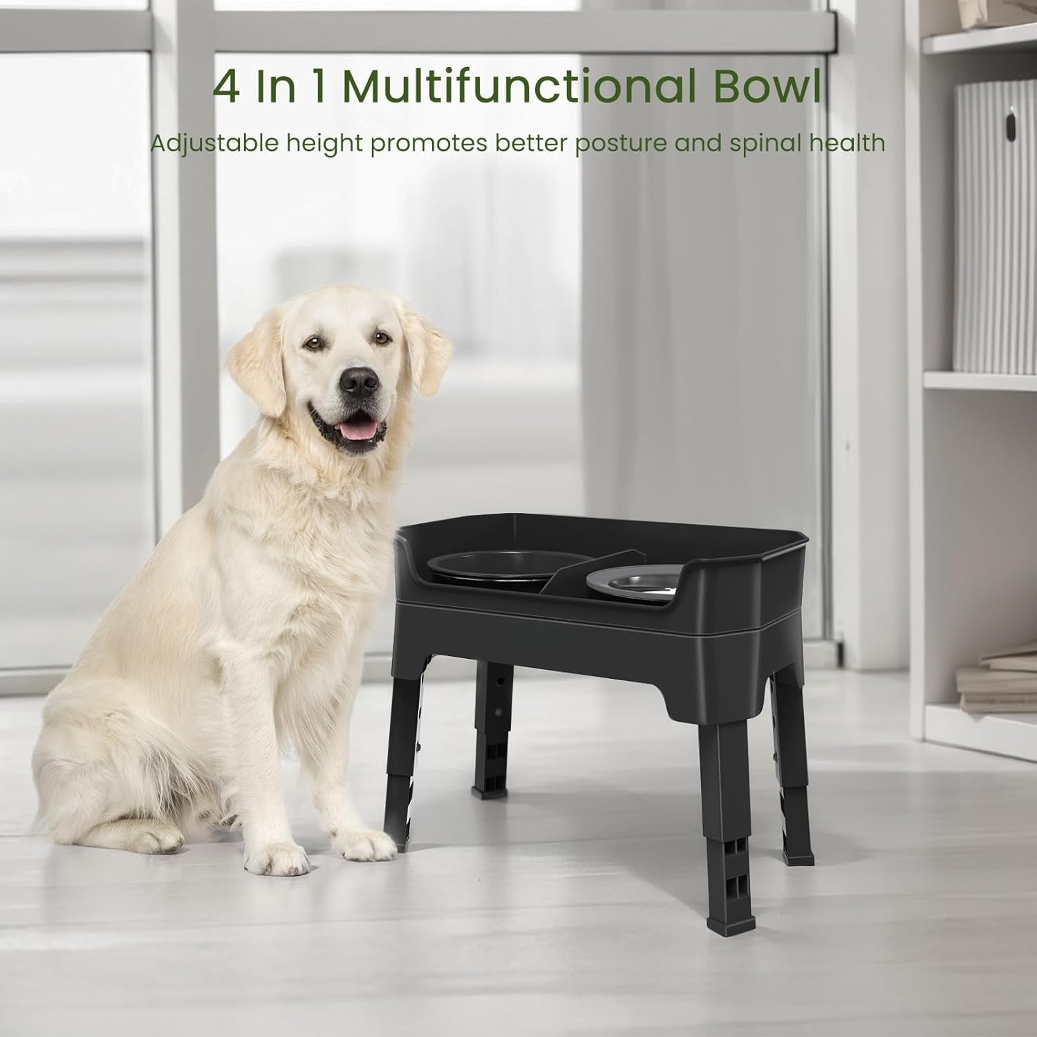 4-in-1 Elevated Slow Feeder Dog Bowls, 4 Height Adjustable Mess Proof Raised Dog Bowl Stand with No Spill Water Bowl, Stainless Steel Doggy Food Dish & Slow Feeder for Large Medium Small Pets