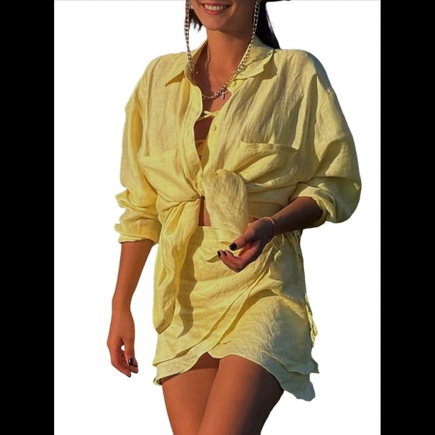 Conjuntos de Verano de 2 Piezas: Camisa Abotonada, Top y Falda, Conjuntos Casuales para Estar en Casa. Amarillo Talla Única