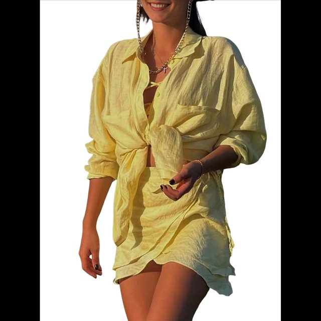 Conjuntos de Verano de 2 Piezas: Camisa Abotonada, Top y Falda, Conjuntos Casuales para Estar en Casa. Amarillo Talla Única
