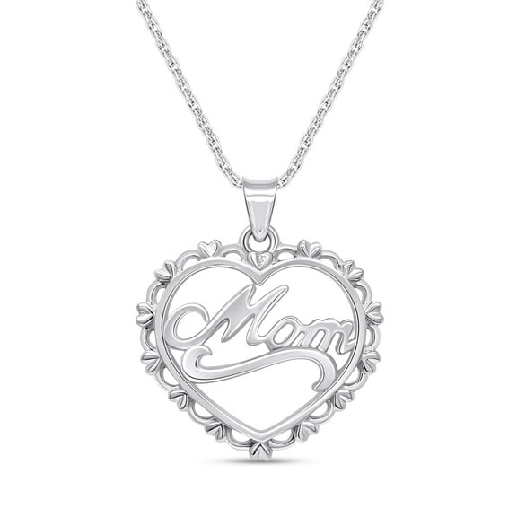AFFY Mother's Day Jewelry Gift Open Heart Mom Pendant Necklace In 14k White Gold Over Sterling Silver