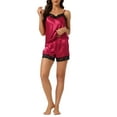 thumbnail image 1 of Conjuntos de pijama de satén para mujer INSPIRE CHIC con tirantes de encaje y pantalones cortos, 2 piezas, conjuntos de lounge de seda, XS, burdeos, 1 of 6