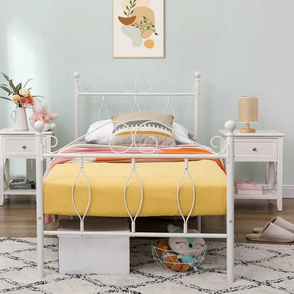 FurnitureR White Twin Size Metal Bed Frame with Vintage Scroll Headboard and Footboard, Platform Bed with Underbed Storage, No Box Spring Needed – Girls' Bedroom or Dorm