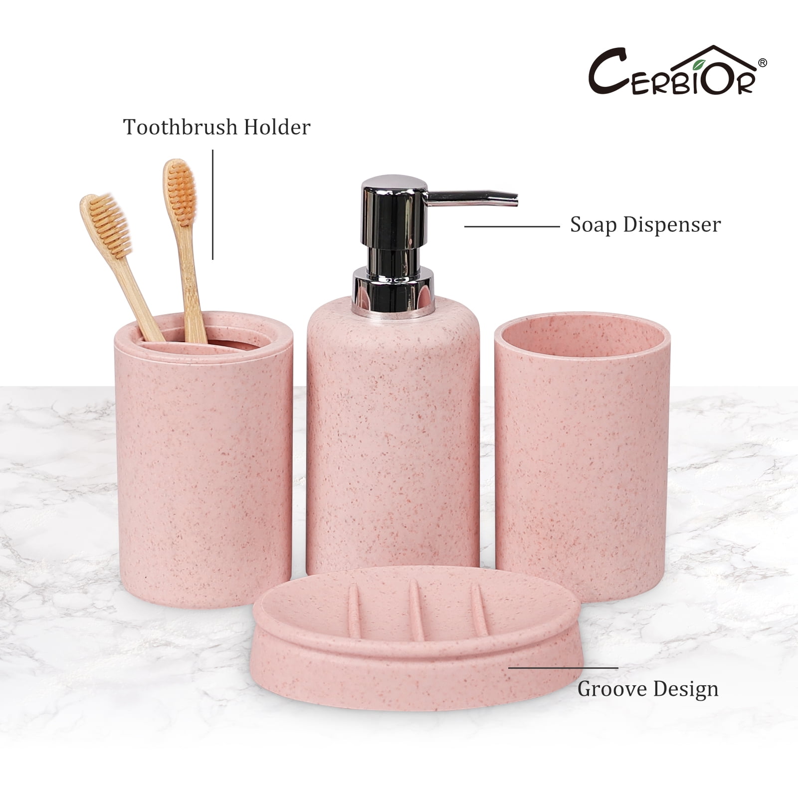 CERBIOR Bathroom Accessories Set 6 Piece Wheat Straw Bath Ensemble Includes Soap Dispenser, Toothbrush Holder, Toothbrush Cup, Soap Dish for Decorative Countertop and Housewarming Gift, Pink