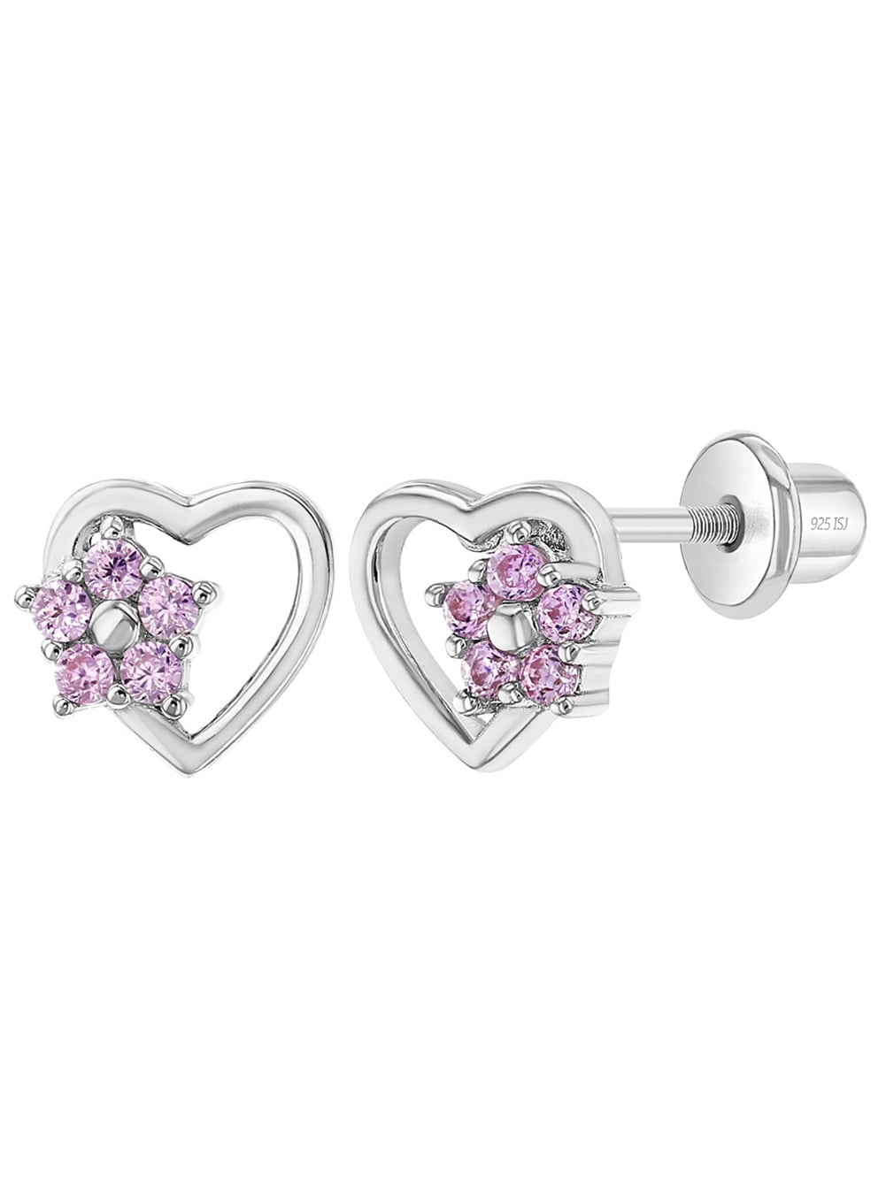 Heart & Flower Pink Baby / Toddler / Kids Earrings Screw Back - Sterling Silver