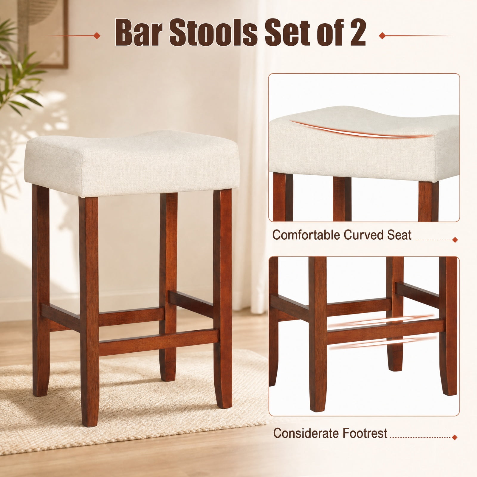 Furnibear Set of 2 24 Inch Bar Stool with Curved Seat Cushions-Off White for Kitchen Island Counter Bar Pub Dining Home, Brown