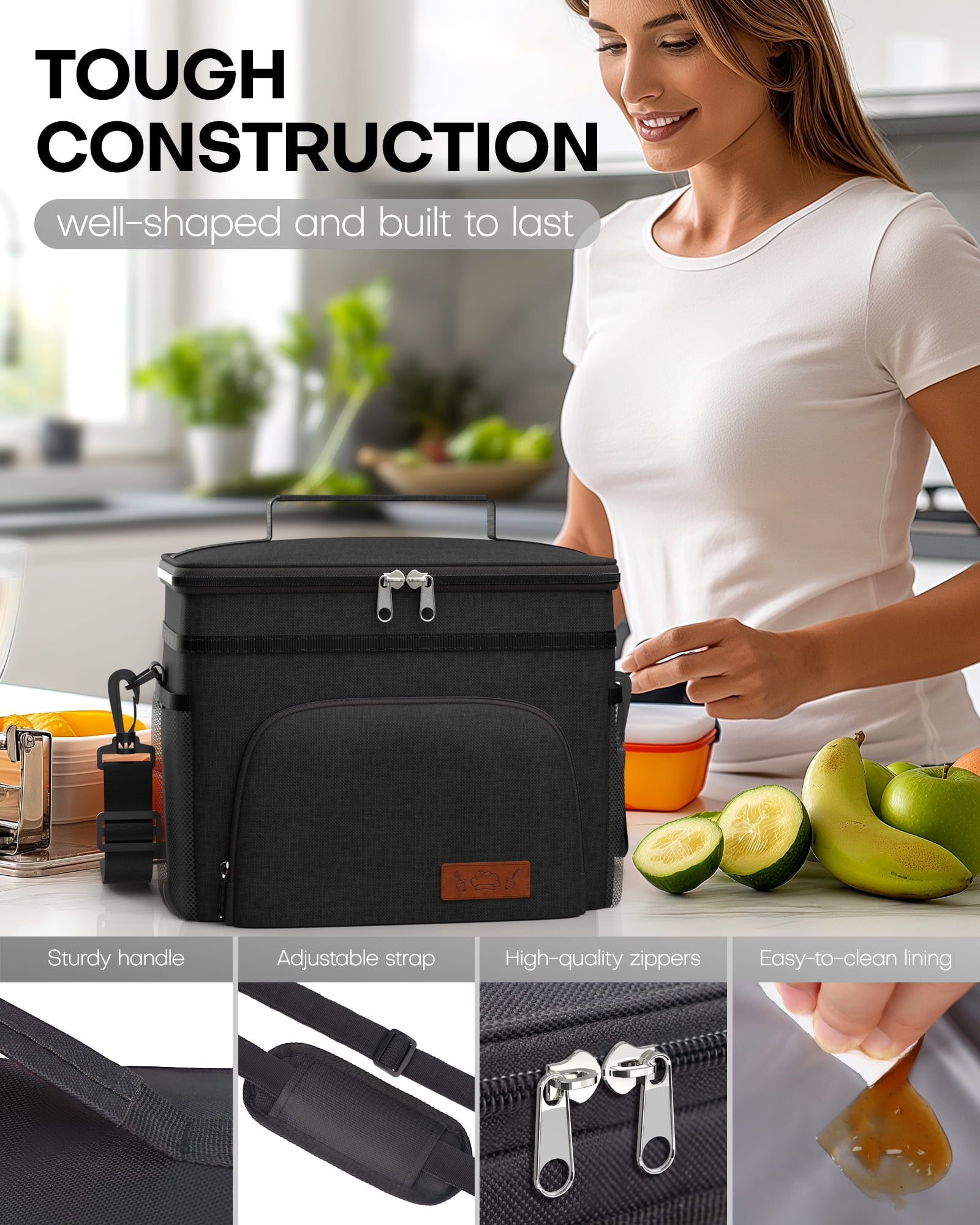 HOTOR Insulated Lunch Box for Men and Women, Portable Soft Cooler Bag with 4 Pockets, Adjustable Shoulder Strap, Black