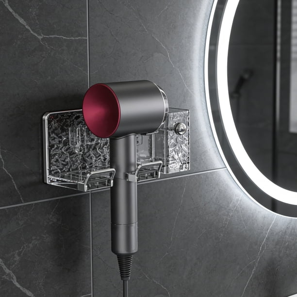 Soporte de Pared para Secador de Pelo de Baño, Multifuncional, Grueso, Sin Taladro, Ahorra Espacio y Cuenta con Cubo de Almacenamiento.