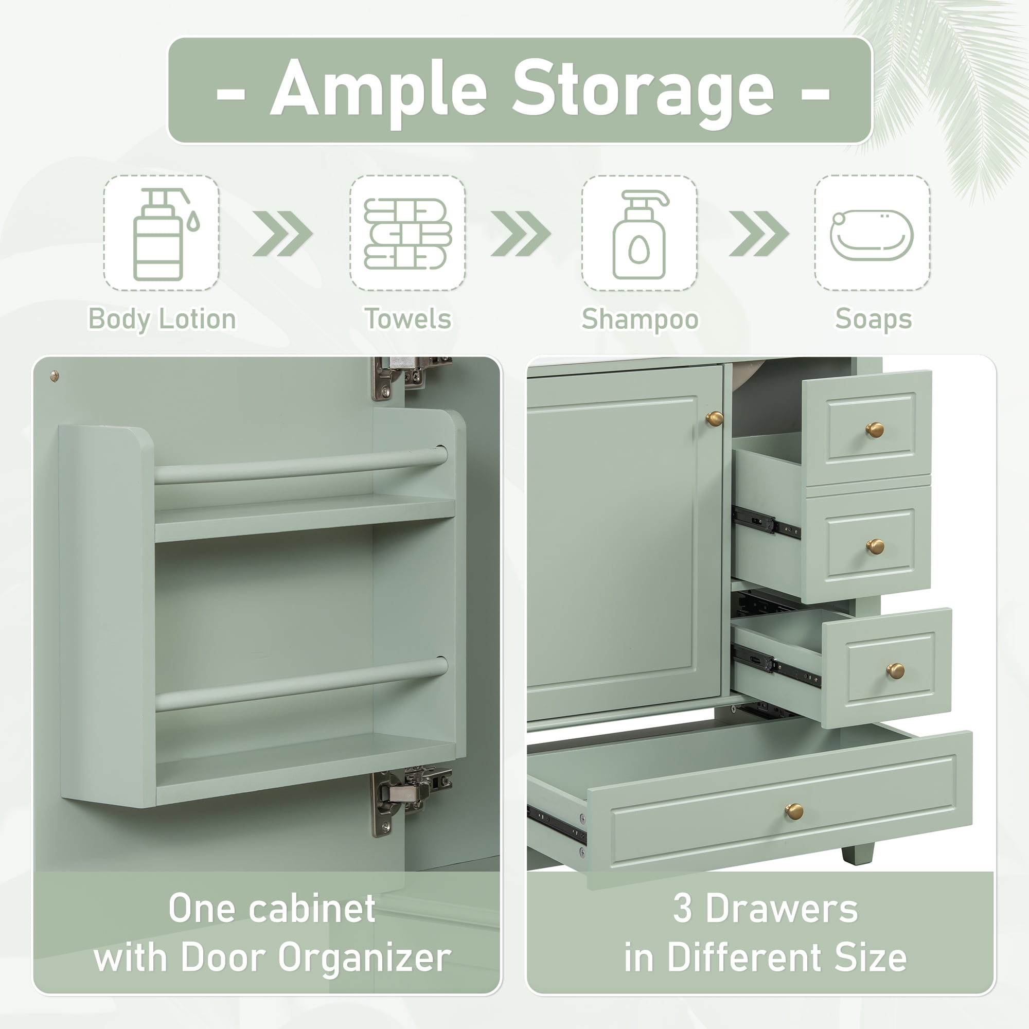 Euroco 30" Bathroom Vanity with Sink, One Door with Shelf and Three Drawers, Soft Close Door, Light Green