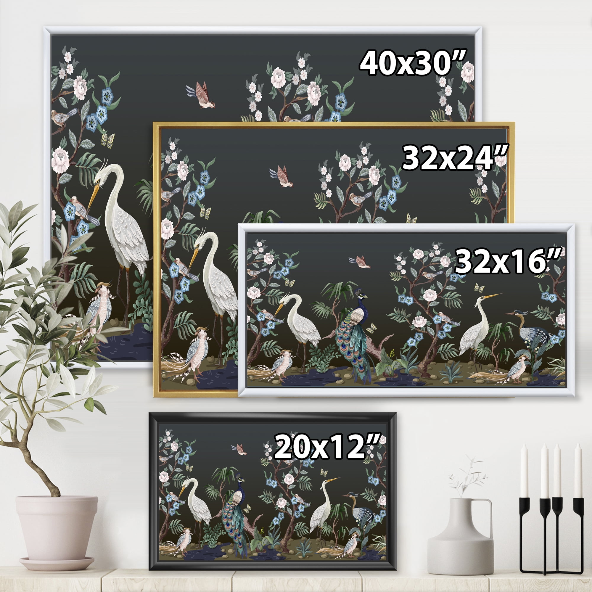 Designart 'Chinoiserie With Peonies and Birds IV' Traditional Framed Canvas Wall Art Print
