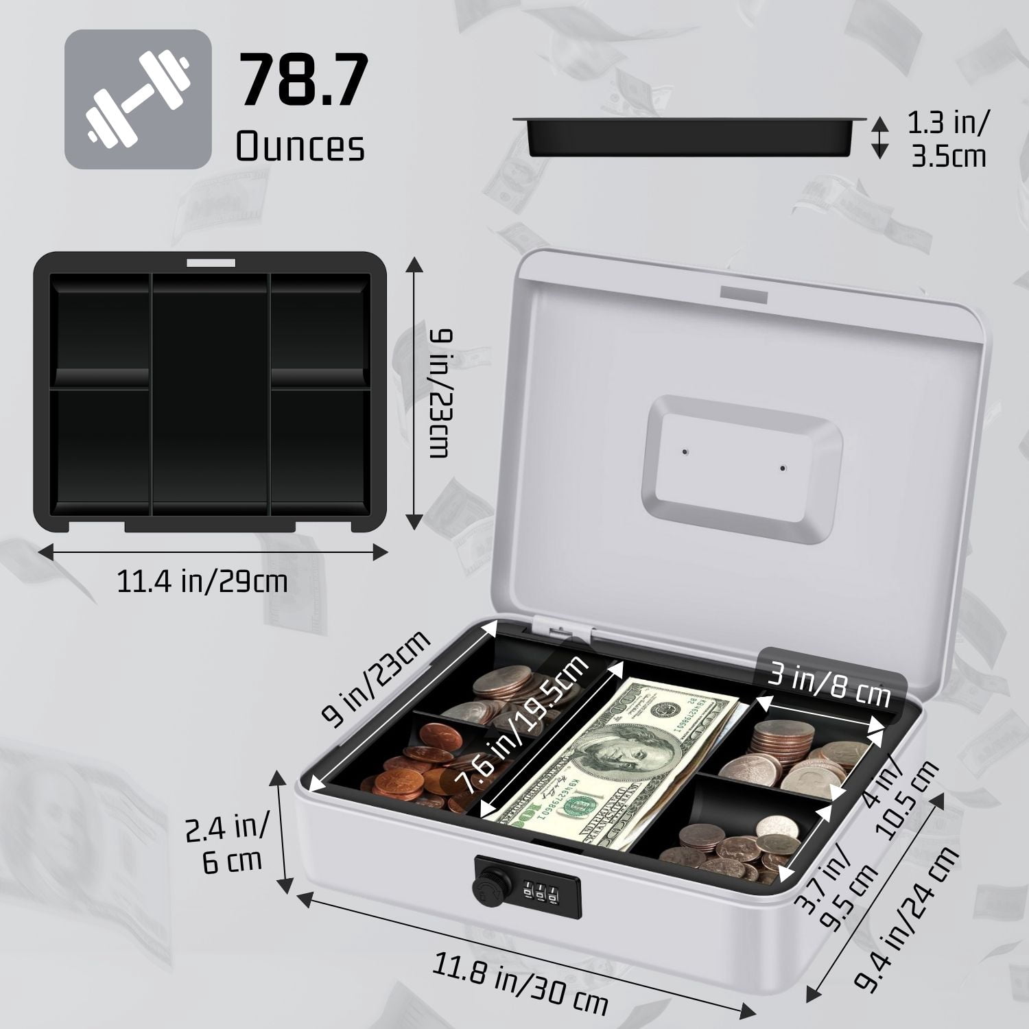 Cash Box with Combination Lock - Metal Cash Box with Money Tray and Lock - 5-Compartment Money Lock Box for Cash, Petty Cash, Checks, Coins, 11.8"x 9.4"x 3.5", Gray