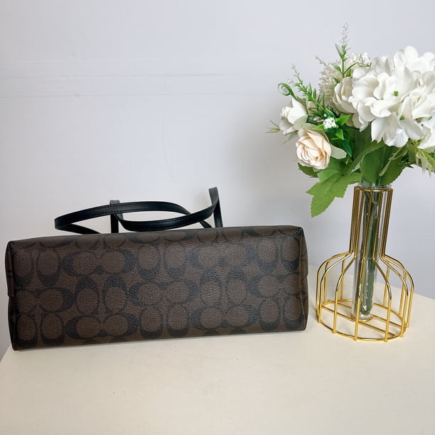 バッグ Coach Sig Flower Black Tote Bag Coach Women's Outline Signature Zip Tote (IM/Brown/Black