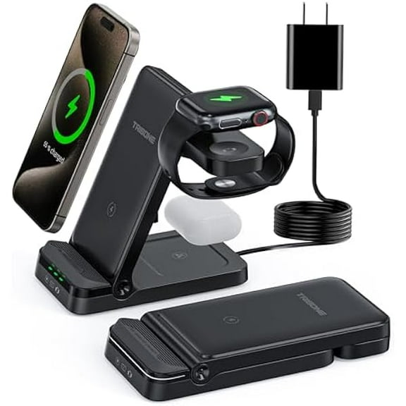 Wireless Charger, Tribone 3 in 1 Foldable Fast Charger for iPhone 16 15 14 13 12 11 Pro Max XR XS 8 Plus,for Multiple Devices，for Apple Watch 10 9 8 7 6 5 4 3 2 SE Ultra,for AirPods Pro 4 3 2, Black