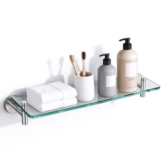 Glass Shelves for Bathroom,16-Inch Brushed Nickel Floating Bathroom Shelf Stainless Steel Tempered Glass Shelf Modern Shelves Wall Mounted