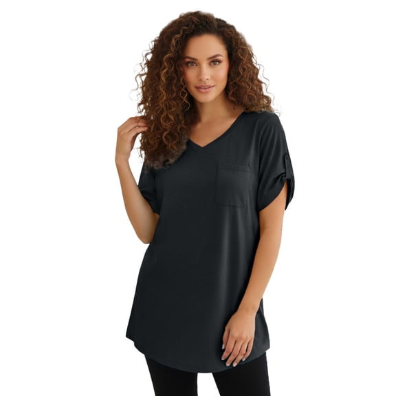 Roaman's Women's Plus Size Slub V-Neck Boyfriend Tunic Top