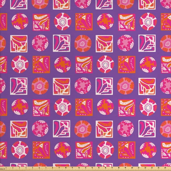 Abstract Upholstery Fabric by the Yard, Contemporary Patchwork Style Geometric Forms with Inner Flower Bouquets, Decorative Fabric for DIY and Home Accents, Orange Violet Pink by Ambesonne