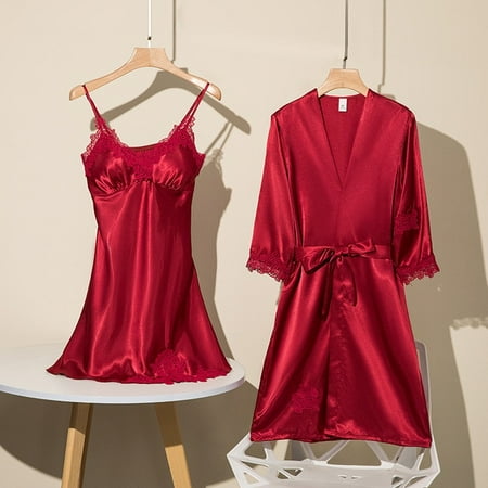 

Women Lace Trim Satin Sleep Set Sexy Nightwear Pajamas Suit Kimono Robe Homewear Sleepwear Intimate Lingerie Nighty&robe PJS