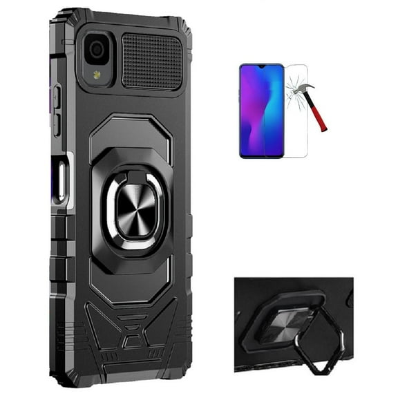 Phone Case for TCL 30Z/30 LE,  Ring Stand Tough Hybrid Case Cover   Tempered Glass Screen Protector (Black)