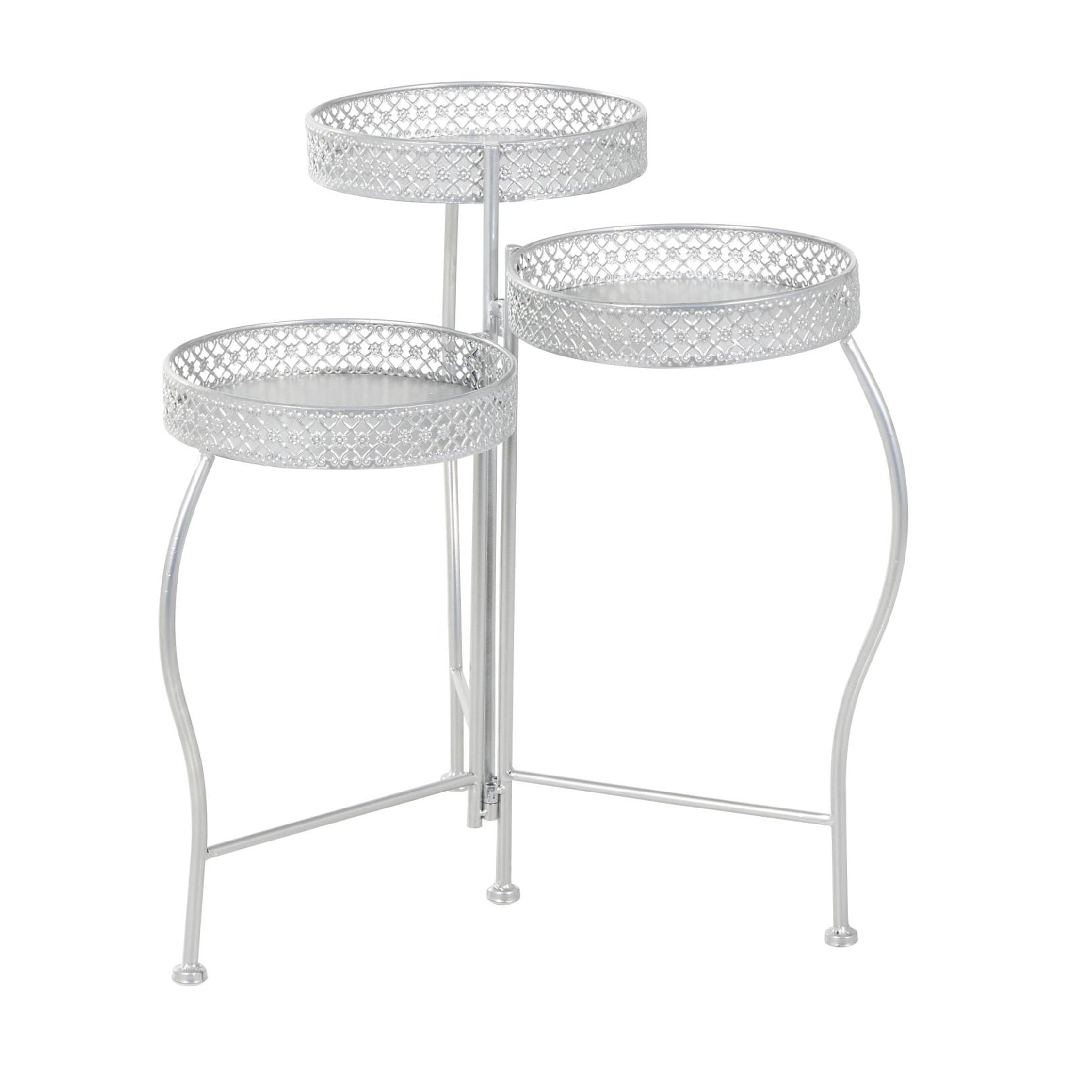 DecMode 17" x 17" x 20" 3 Tier Silver Metal Curved Folding Plantstand with Floral and Scroll Patterns