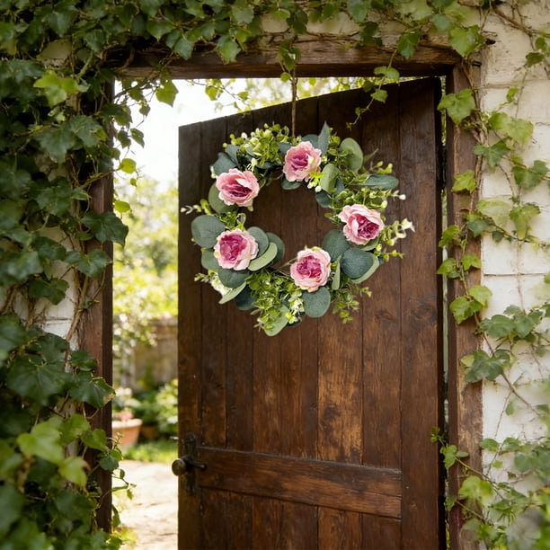 Corona Floral, Flores de Peonía Artificiales, Guirnalda Decorativa con Hojas, 35cm, para Puerta Principal, Pared, Escaleras, Decoración de Hogar Primaveral