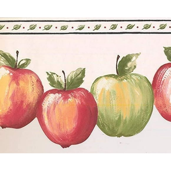Concord Wallcoverings Wallpaper Border Kitchen Pattern Apples for Dining Area Kitchen Farm Store, Red Green Yellow White, 6.25 Inches by 15 Feet BP007154B