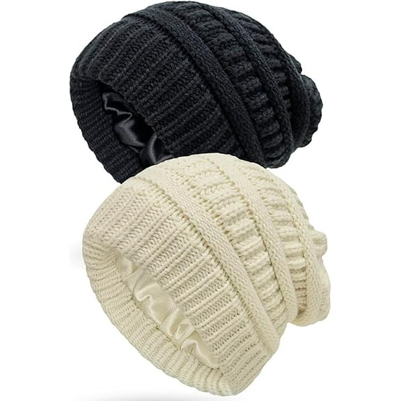 2 Pack Womens Satin Lined Beanie Hat Winter Knitted Silk Lining Hat Slouchy Cable Skull Cap