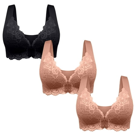 miqiqism 3 PCS Bras for Women  2024 No Underwire Brassiere Summer Breathable Front Closure Bras for Women Push Up Bras Pink 4X-Large