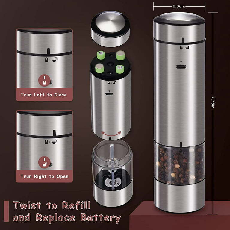 Electric Salt and Pepper Grinder Set, OGEDNAC Automatic Electronic Spice  Mill Shakers with USB Rechargeable, LED Light, Adjustable Coarseness, One  Hand Operated, Stainless Steel 