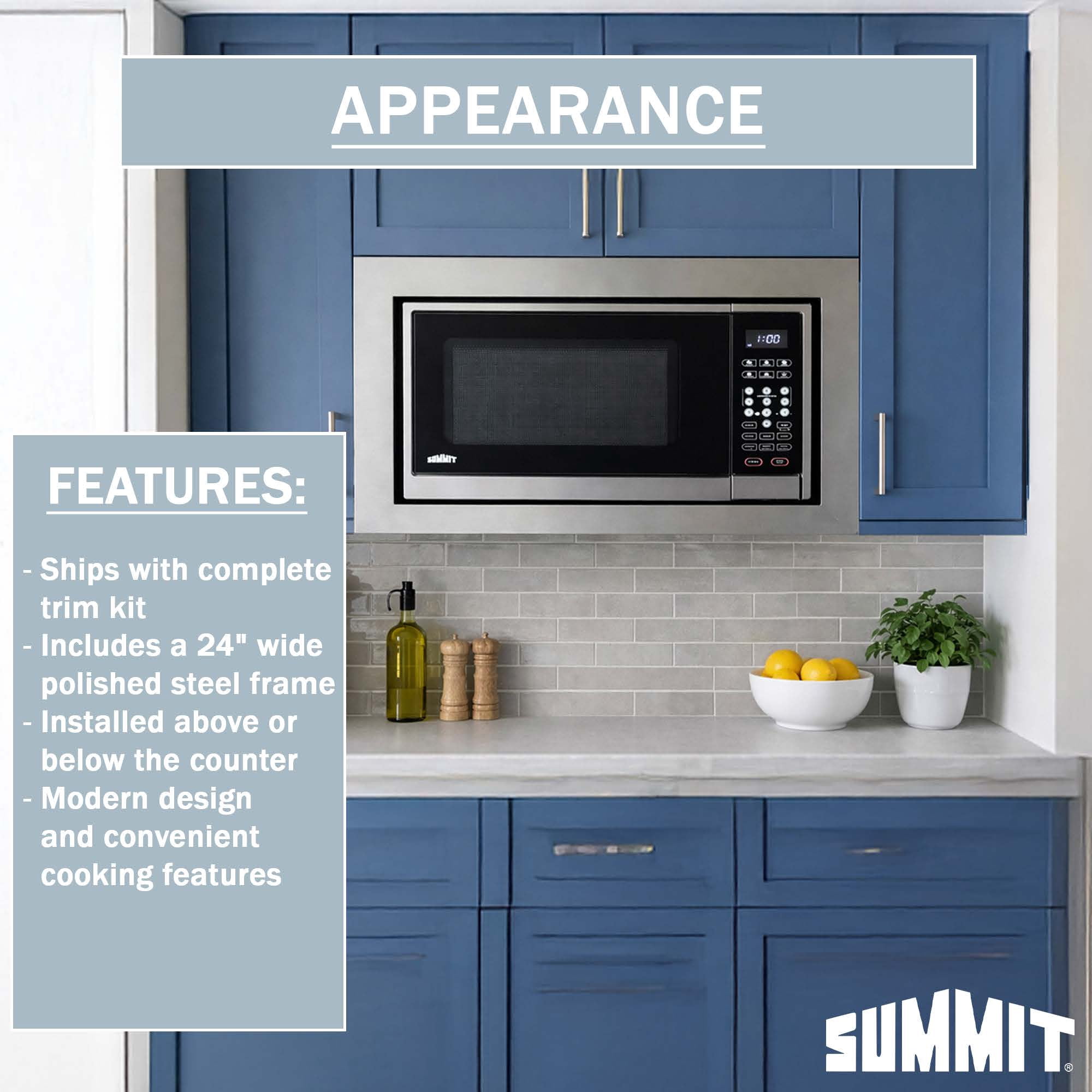 Summit Built-in Microwave with Trim Kit,  Fits 24 Inch Spaces 1.2 cu.ft., Stainless Steel - SMBI24