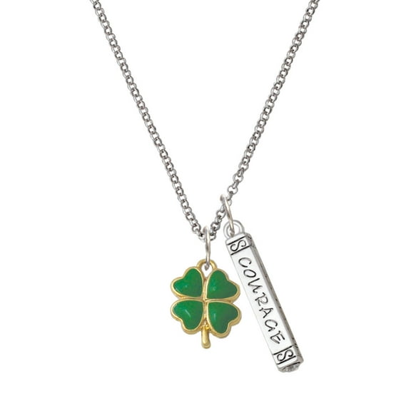 Delight Jewelry Goldtone Opaque Green Lucky Four Leaf Clover Silvertone Courage Strength Wisdom Honesty Bar Charm Necklace, 23"