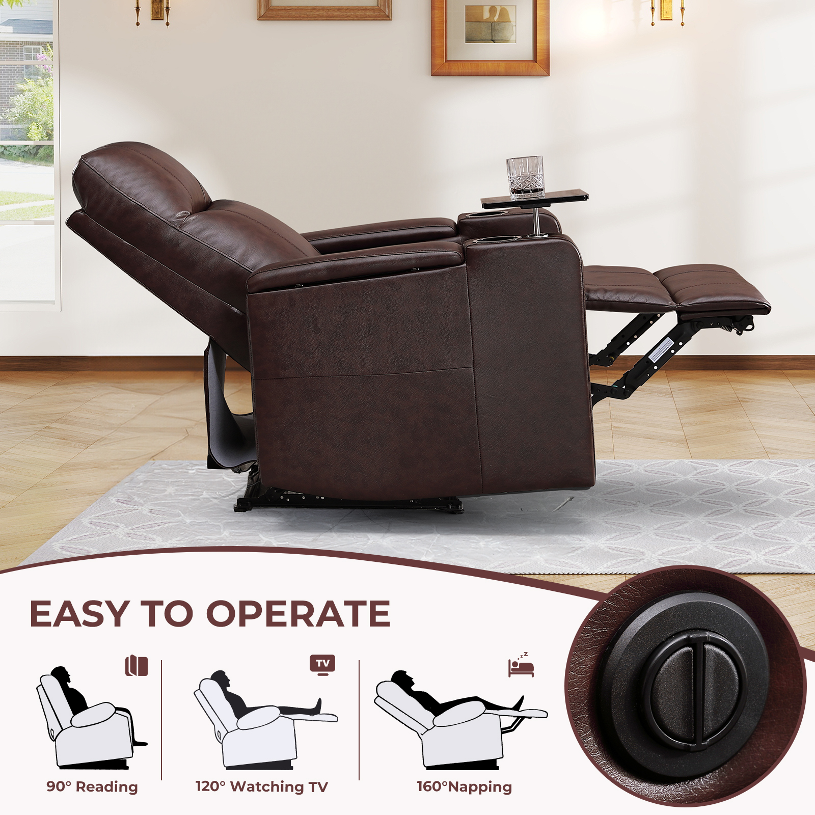 Bonzy Home Power Electric Recliner Chair, PU Leather Home Theater Seating with Swivel Tray Cup Holders, USB Port & Hidden Storage, Single Movie Recliner for Living Room Media Room, Brown