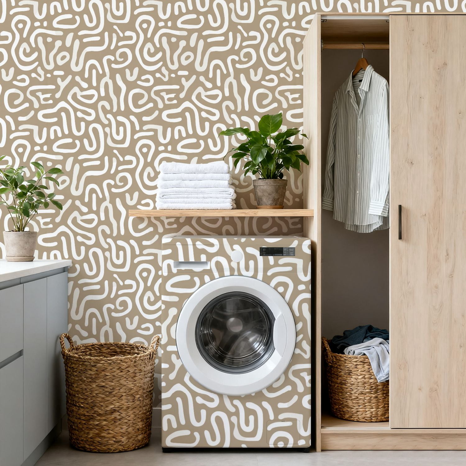 Peel and Stick Wallpaper Abstract Beige White Curvy Lines Design 24in x 118in Contact Paper Removable Self Adhesive Wall Mural Wall Decor for Bedroom Kitchen Cabinets