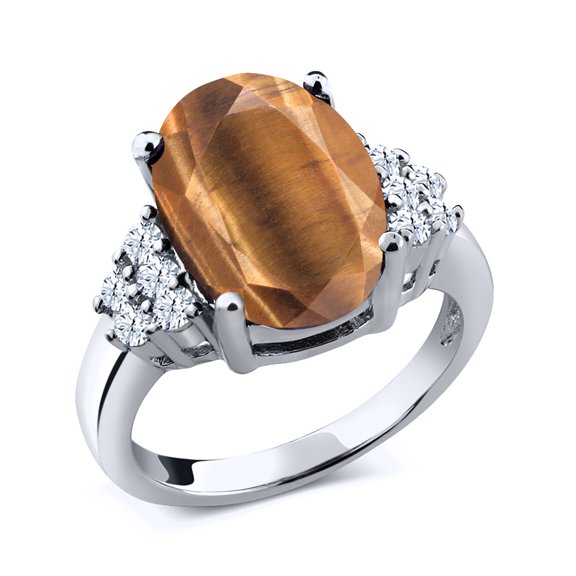 Gem Stone King 4.30 Ct Oval Brown Tiger Eye 925 Sterling Silver Ring (Size 7)