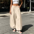 thumbnail image 2 of Womens Balloon Pants Wide Leg Barrel Pants Baggy Trousers Elastic Waist Casual Lounge Travel Pants with Pockets Beige M(M), 2 of 7