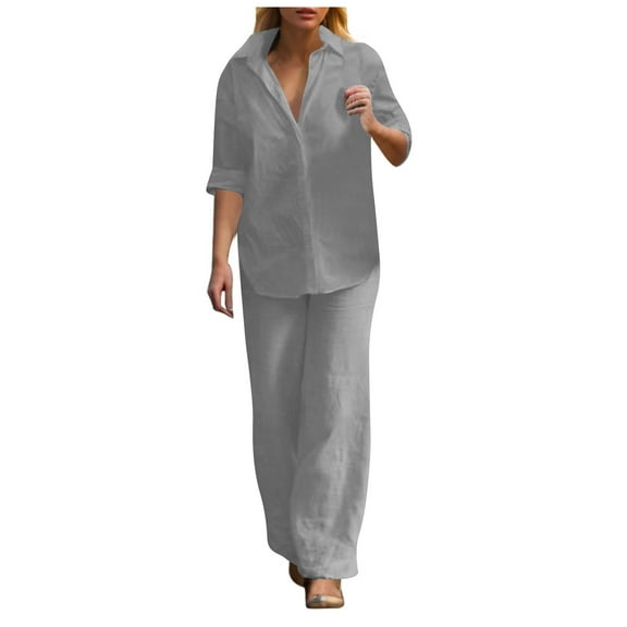 Women's Casual Pure Color Wide Leg Pant Suit - 2 Piece Outfit with Matching Top, Polyester, Loose Fit, Business Casual