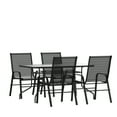 thumbnail image 2 of BizChair 5 Piece Outdoor Patio Dining Set - 55" Tempered Glass Patio Table with Umbrella Hole, 4 Black Flex Comfort Stack Chairs, 2 of 11