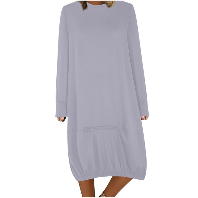 Offres de Liquidation d'Automne! Robes d'Été pour Femmes 2024, Robe Décontractée Unie à Manches Longues Col Rond Gris 3TG