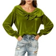thumbnail image 6 of Fashion Velvet Tops for Women Dressy Long Bell Sleeve Blouses Bow Tie V nect Tunic Shirts Pleated T-shirt for Holiday Party, 6 of 8