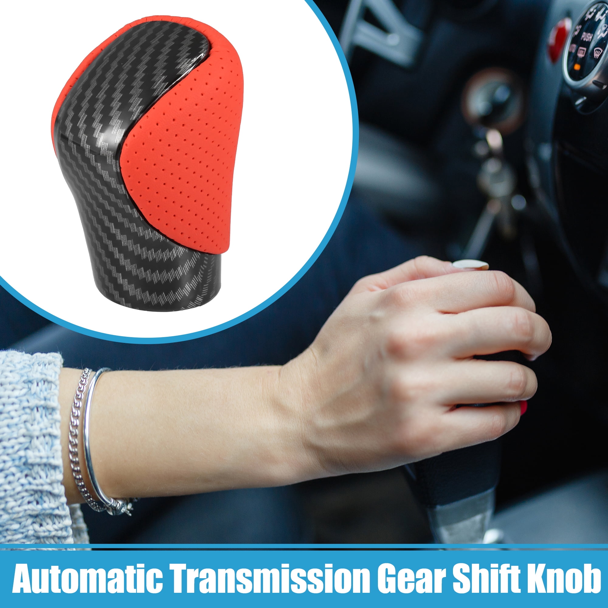 Unique Bargains 1PC Automatic Transmission Gear Shift Knob for Lexus ES300h Carbon Fiber Cover Red Faux Leather Perforated