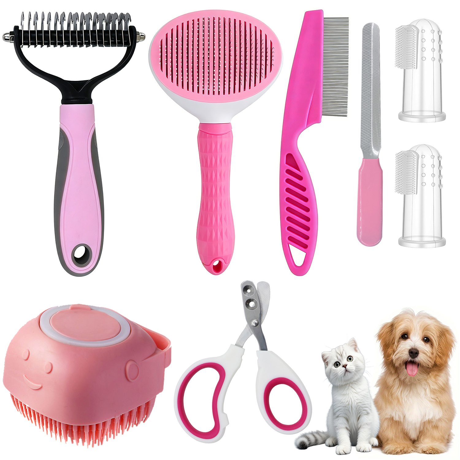 Hoolife 8-Pc Pet Grooming Brush Kit, Pink