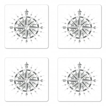 

Compass Coaster Set of 4 Hand Drawn Compass with the Face of the Sun on Directions North South East West Sailing Square Hardboard Gloss Coasters Standard Size Grey by Ambesonne