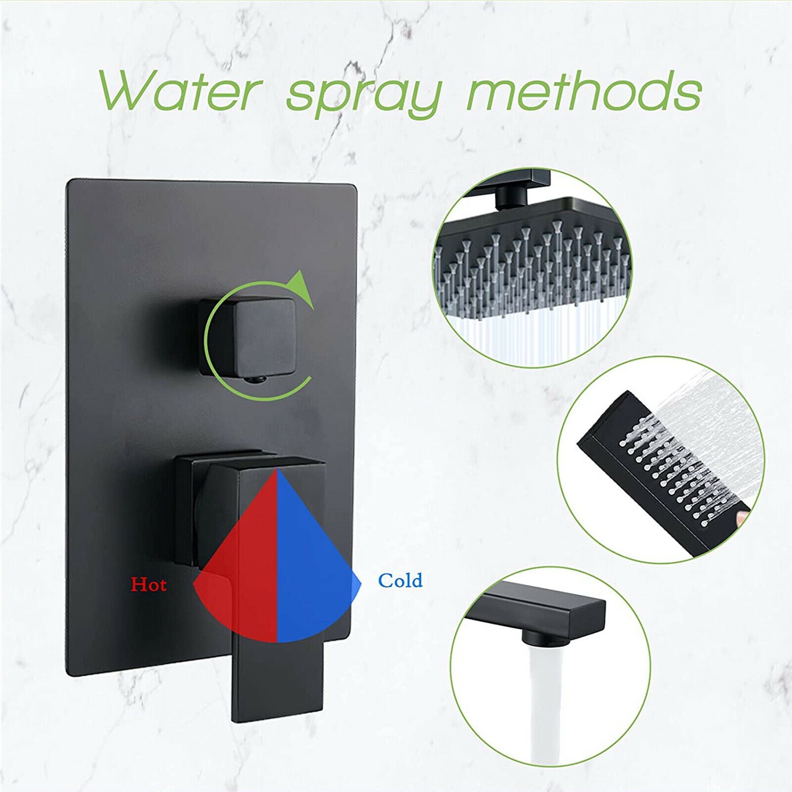 Black Rainfall 12" Shower Head Faucet Set Shower System Tub Spout w/ Mixer Valve