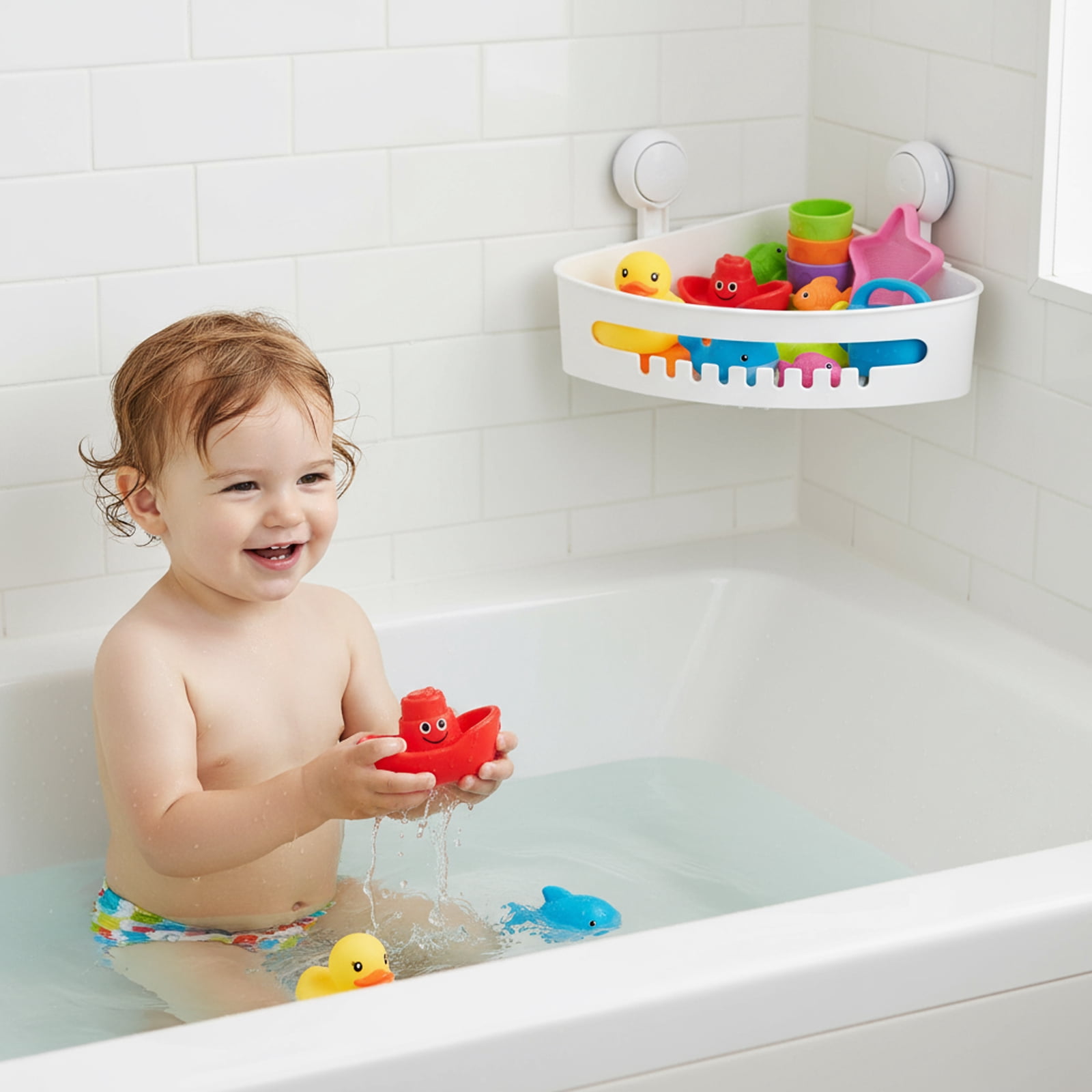 Pethiy Corner Bath Toy Organizer with Suction Cups & Drainage Holes, Space-Saving Bath Toy Storage Basket for Kids’ Bathroom (White)