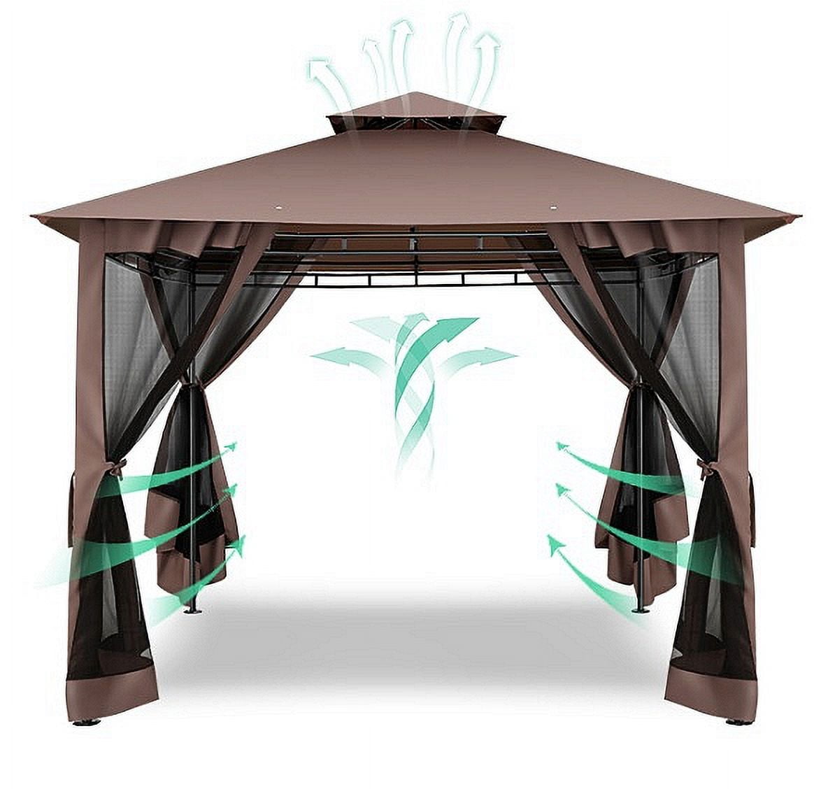 COBIZI Easy Assembly Outdoor Furniture Patio Canopy,10x10 Outdoor Gazebo with Mosquito Netting,Shade Tent for Party, Backyard, Deck, Patio Lawn & Garden,Brown
