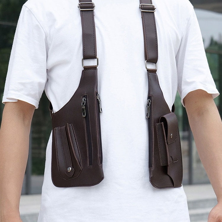 Unisex Anti-Theft Leather Double Shoulder Chest Bag, Adjustable Vest-Style Sling Bag with Multi-Pocket Pouch Wallet Design for Phone, Keys And Passport