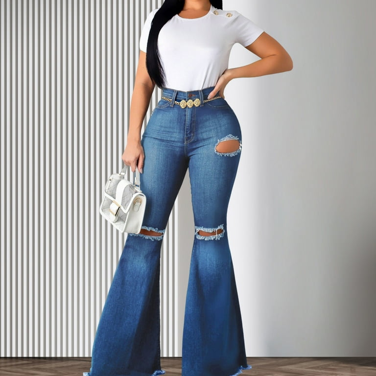 Women's Ripped Destroyed Denim Pants High Waisted Destroyed Ripped Wide Leg  Jeans for Holiday Party Outfit S Dark Blue[9025-3]