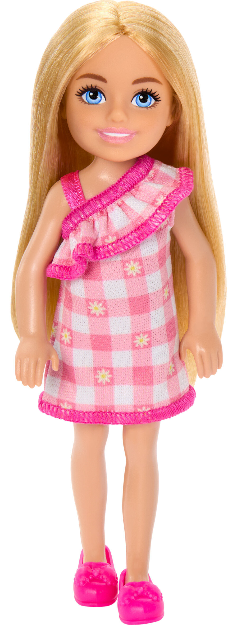 Barbie Chelsea Doll, Small Doll Wearing Removable Checked Dress with Blonde Hair & Blue Eyes