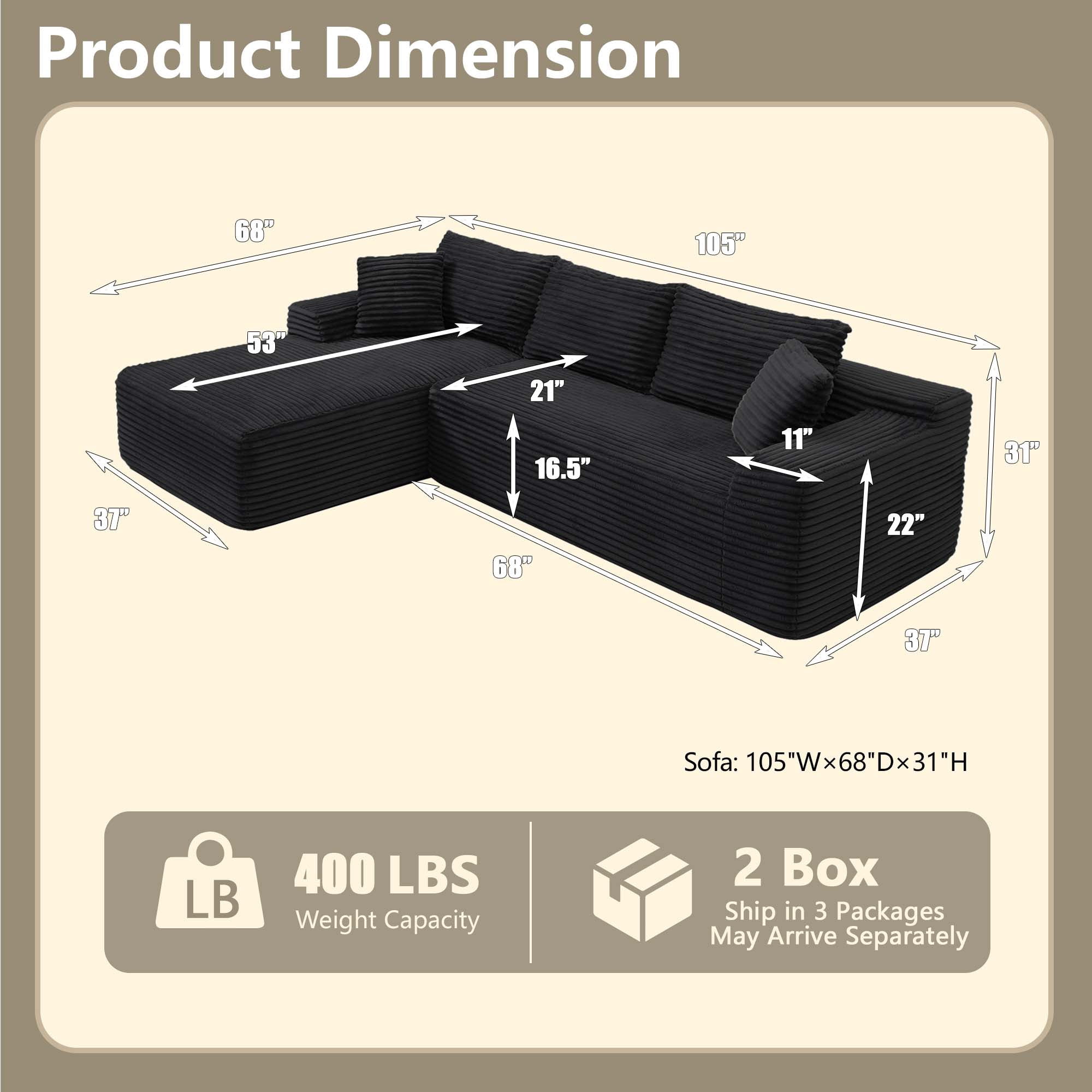 CAPCAEK 105" L-Shaped Modular Sectional Sofa with Chaise, Deep Seat Corduroy Couch with Throw Pillows for Living Room, No Assembly Required, Black